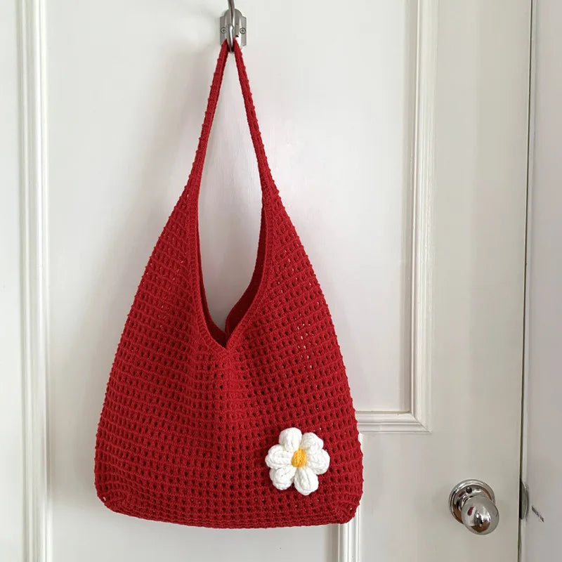 New Sweet Crochet Shoulder Bag Leisure Beach Hollow Out Handbag Women Solid Color Woven Totes Bag For Travel