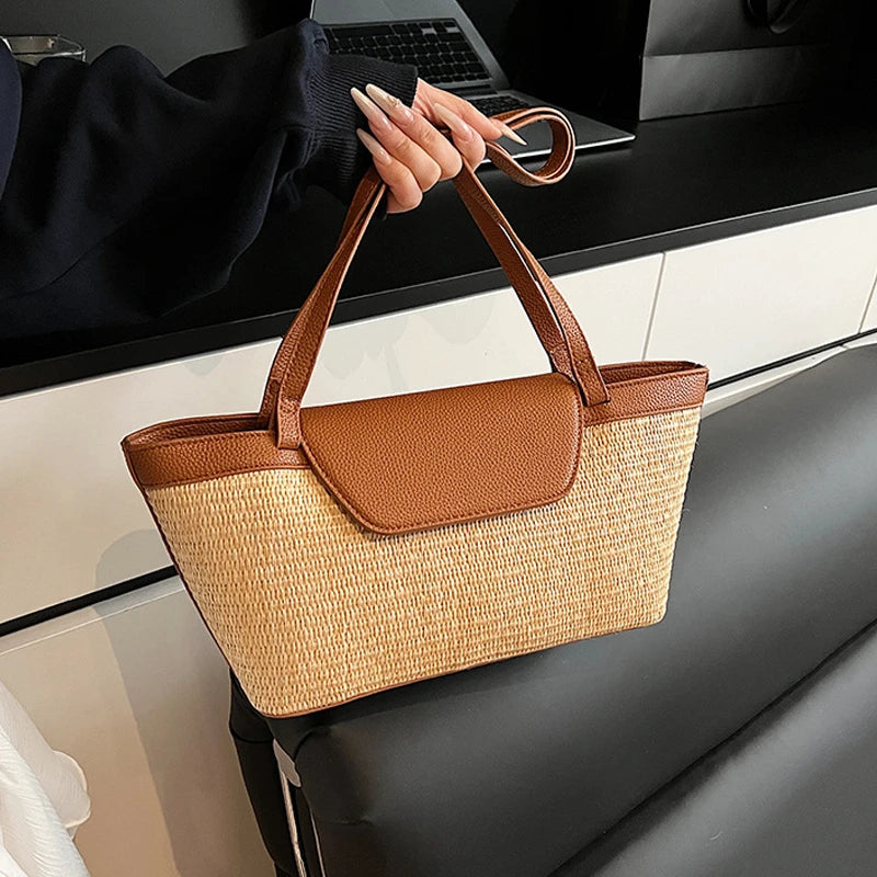 Fashion Women Shoulder Bag PU Woven Patchwork Stick Bag Large Capacity Tote Bag New Casual Woven Contrasting Color Handbag
