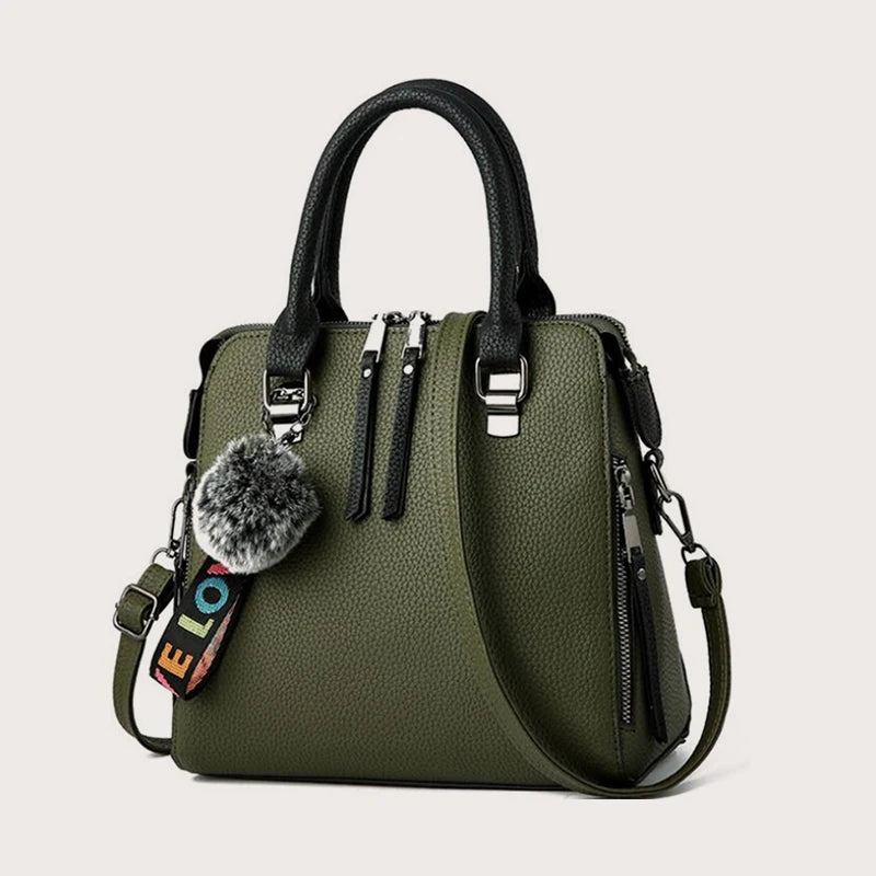PU Leather Women's Crossbody Bag, Fur Ball Pendant Shoulder Bag, Solid Color Handbag