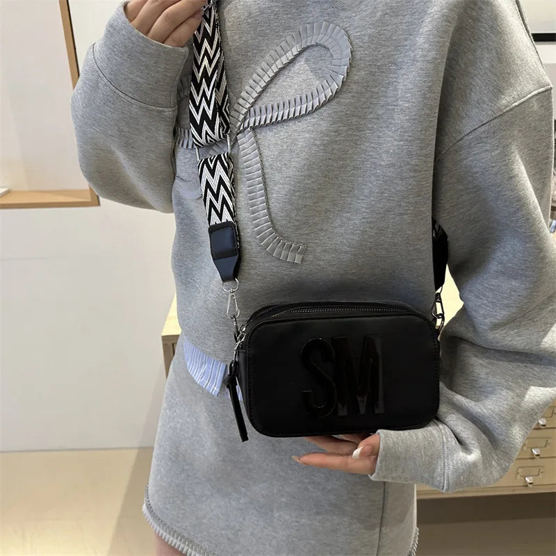 Stylish Versatile Women Single Shoulder Bag, SM Letter Pu Leather Small Square Bag, Leisure Wide Shoulder Strap Cross Body Bags