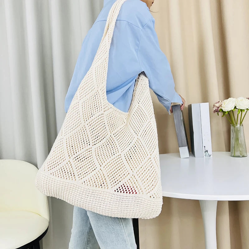 New Trend Women's Bag Crochet Handbag Retro Knitted Solid Color Hollow Top-handle Tote Bag Travel Shopper Shoulder Bag