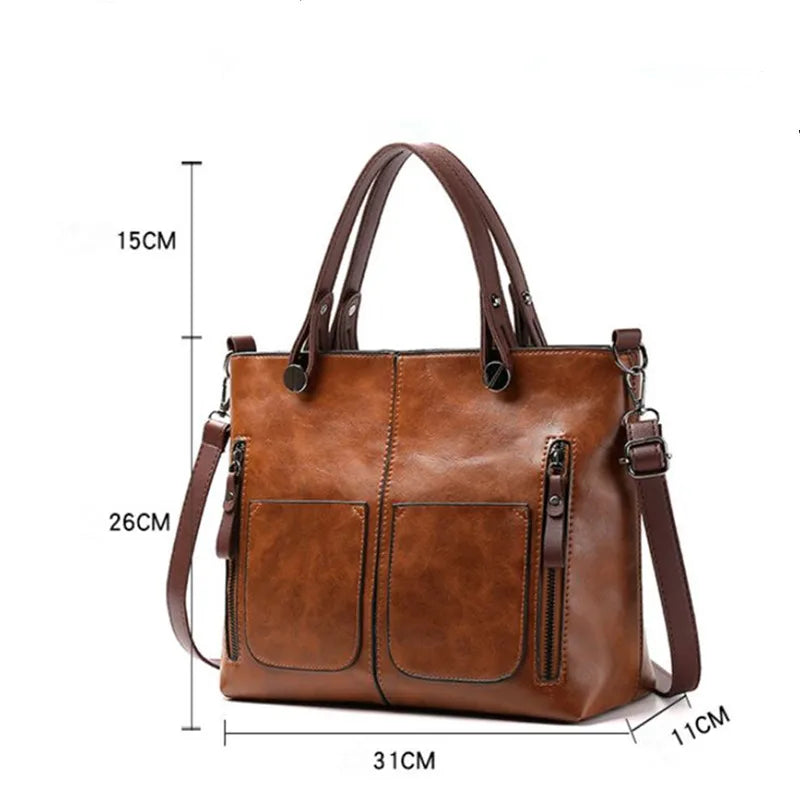 Retro Leather Handbag Shoulder Bag for Women with Double Pocket, Large Capacity, Vintage Lady's Tote Bag, Simple Crossbody Bags