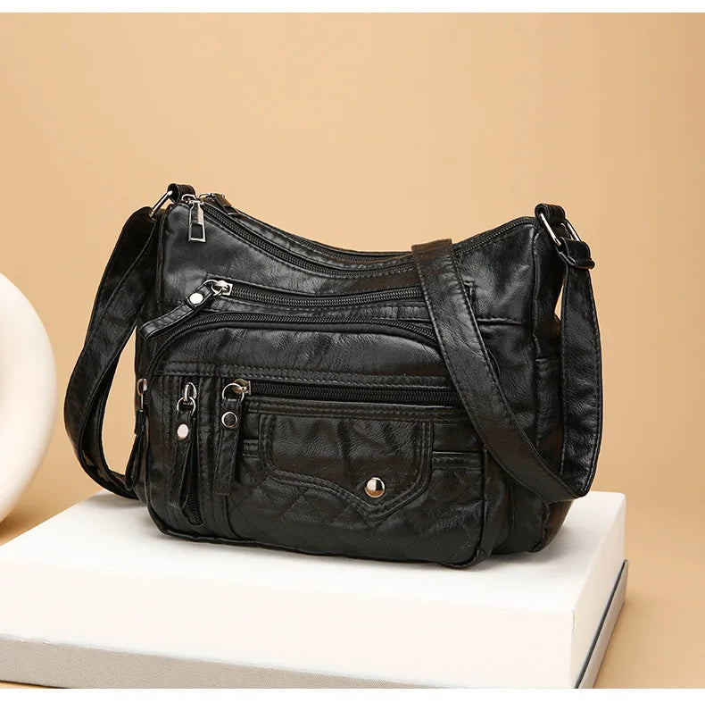 Fashionable Four Seasons Soft Leather Multi Pocket Cross Bags, Multi Layer Zipper Pouch Single Shoulder Bag for Women Daily Use