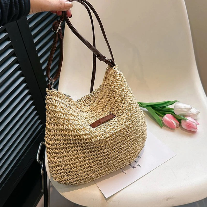 Ladies Fashion Summer Straw Crossbody Bag Women Beach Holiday Shopping Woven Shoulder Handbag Messenger Purses For Women Bags