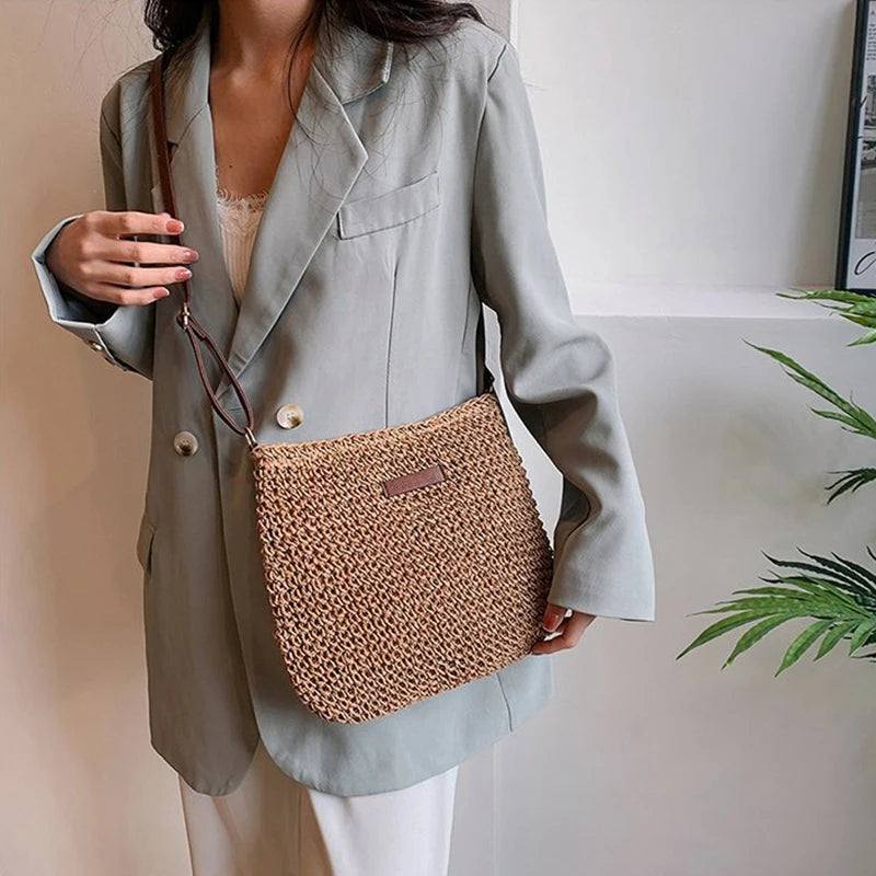Ladies Fashion Summer Straw Crossbody Bag Women Beach Holiday Shopping Woven Shoulder Handbag Messenger Purses For Women Bags