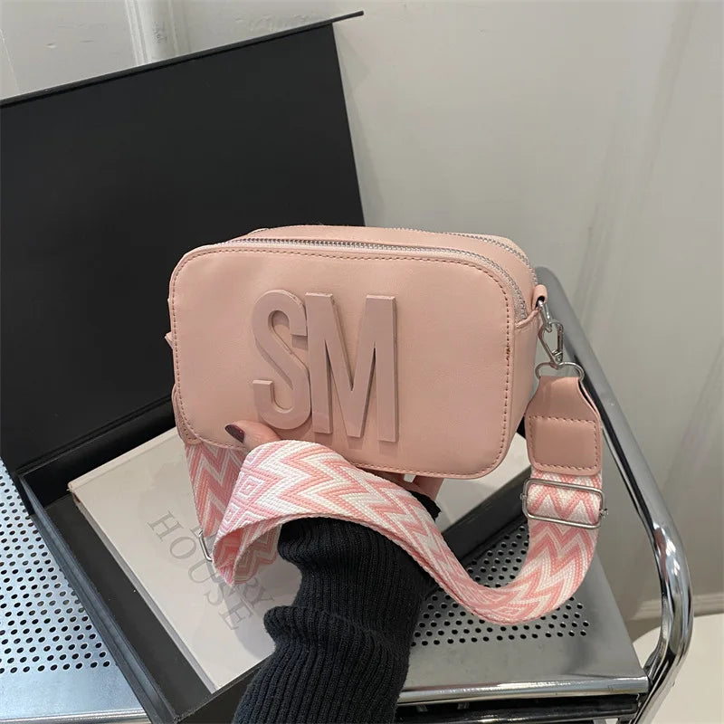 Stylish Versatile Women Single Shoulder Bag, SM Letter Pu Leather Small Square Bag, Leisure Wide Shoulder Strap Cross Body Bags