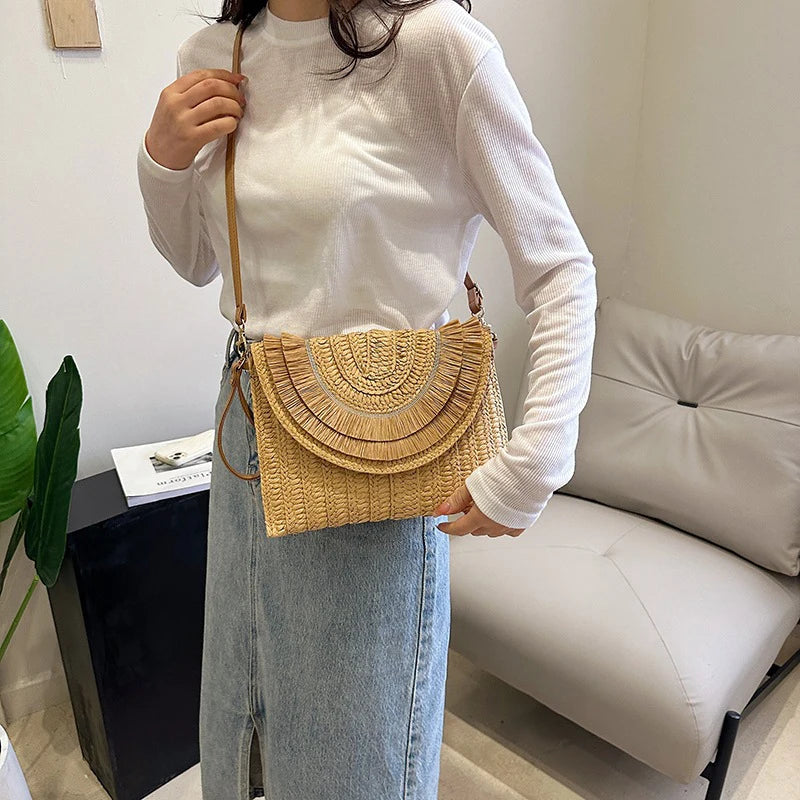 Raffia Straw Weaven Bags Fashion Ladies Wrist Clutches Summer Women Shoulder Crossbody Bags Handmade Handbags Purse Beach Bag