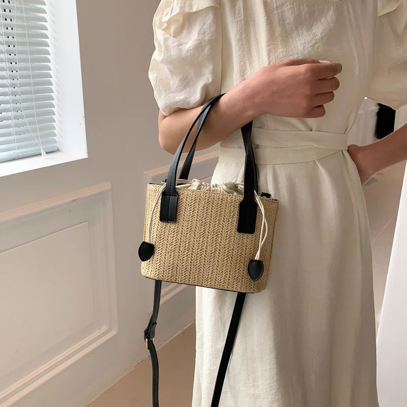 Knit Travel Bags Straw Woven Beach Bag Wrist Pack Women Handle Female Bucket Tote Bags Rattan Ladies Purses Handbag