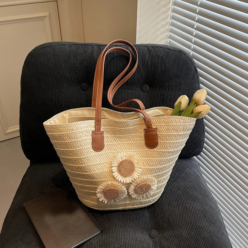 Woven Women Handbag Large Capactity Basket Summer Beach Bag Shopper Tote Ladies Travel Shoulder Underarm Bags