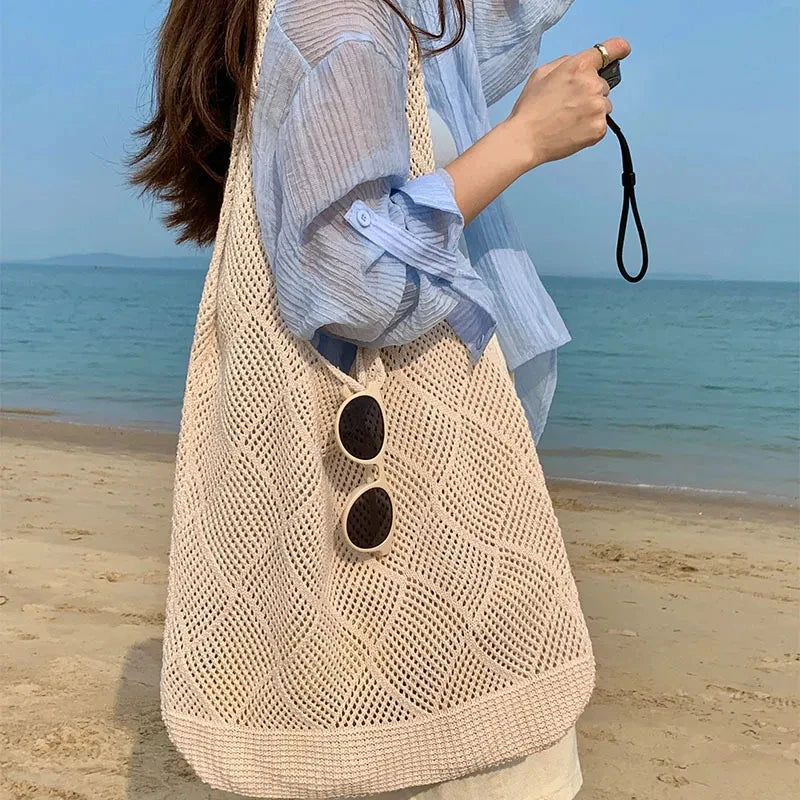 New Trend Women's Bag Crochet Handbag Retro Knitted Solid Color Hollow Top-handle Tote Bag Travel Shopper Shoulder Bag