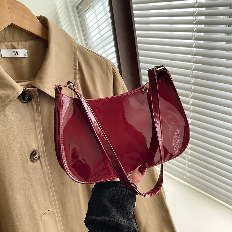Women's Patent Leather Handbag Versatile Fashion Shoulder Bag Casual Commuting Bag Girl Brand Designer Zipper Small Handbag