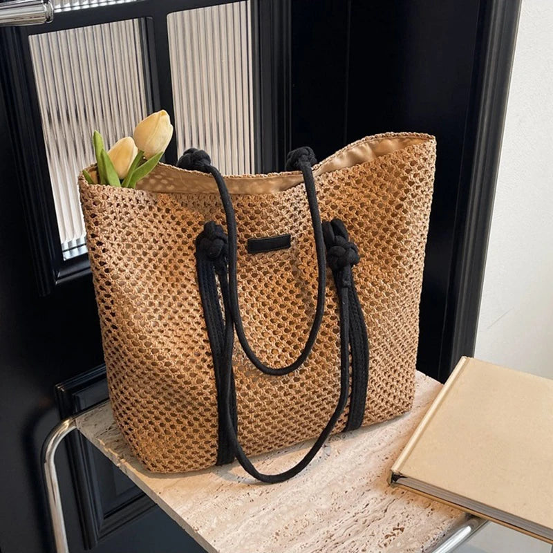 Summer Woven Straw Tote Bag Casual Beach Vacation Women Shoulder Bags Large Capacity Female Handbags Solid Color