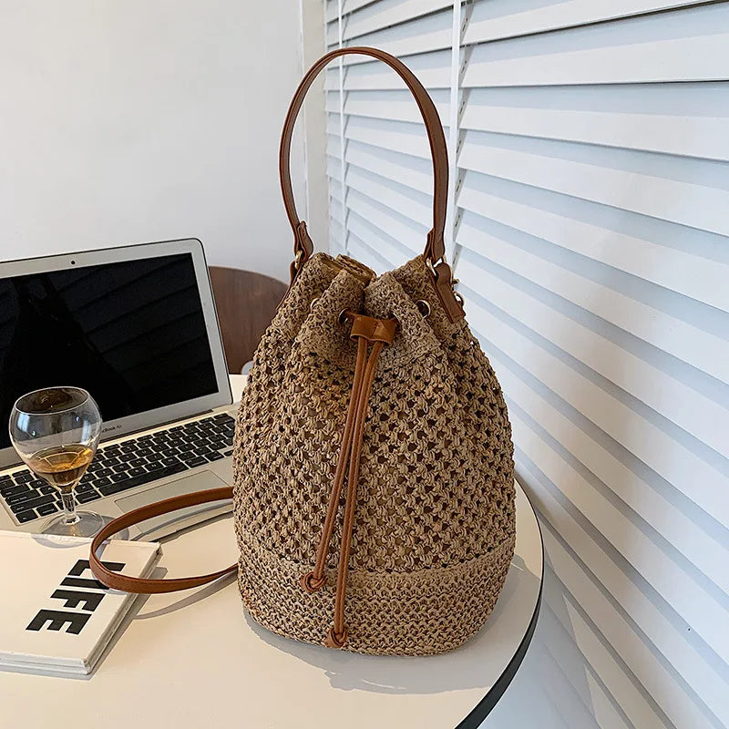 Woven Straw Bag Ladies Bucket Crossbody Bag Summer Beach Bag Retro Travel Shoulder Bags Small Travel Purse and Handbag For Women