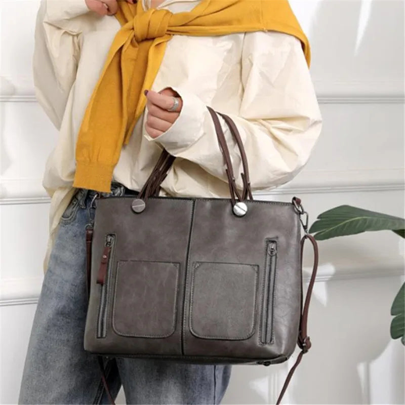 Europe America Retro Leather Handbag Shoulder Bag, Two Pocket Zipper Tote Bag, Classic Crossbody Bags for Women Work Business