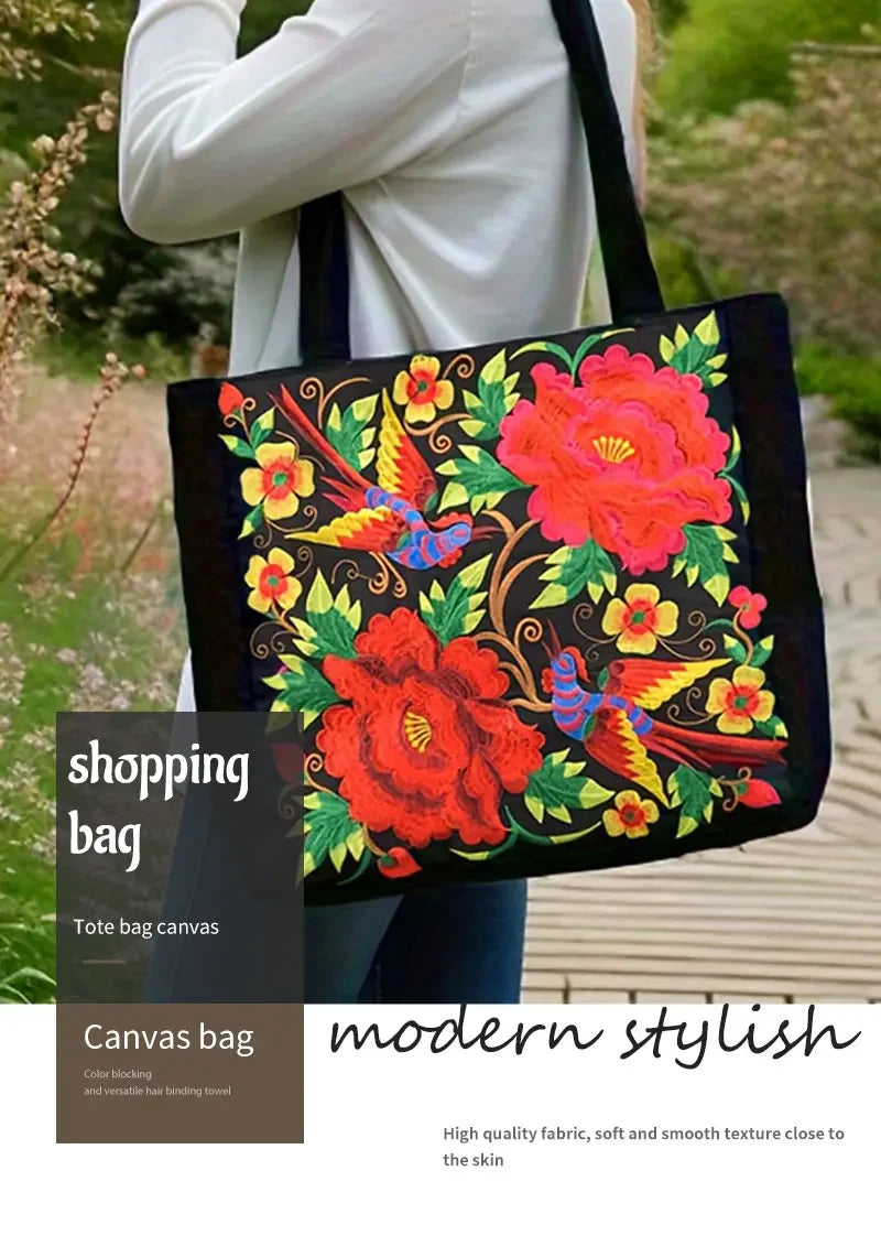 Ethnic Style Embroidery Shoulder Bag Large Capacity Literary Canvas Bag Retro Peony Tote Shopping Bag