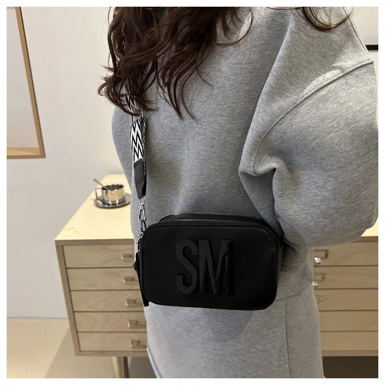Stylish Versatile Women Single Shoulder Bag, SM Letter Pu Leather Small Square Bag, Leisure Wide Shoulder Strap Cross Body Bags