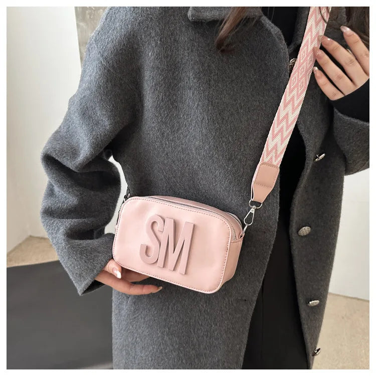 Stylish Versatile Women Single Shoulder Bag, SM Letter Pu Leather Small Square Bag, Leisure Wide Shoulder Strap Cross Body Bags