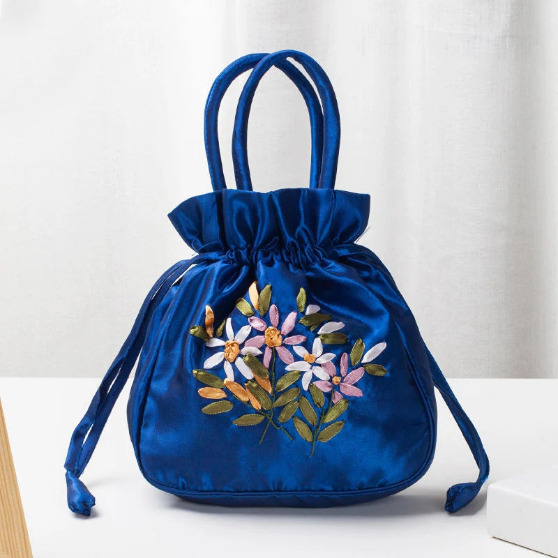 Retro Embroidery Drawstrings Handbags Storage Bags Women Purse Wallets Card Holder Bucket Shoulder Bag Wrist Bags