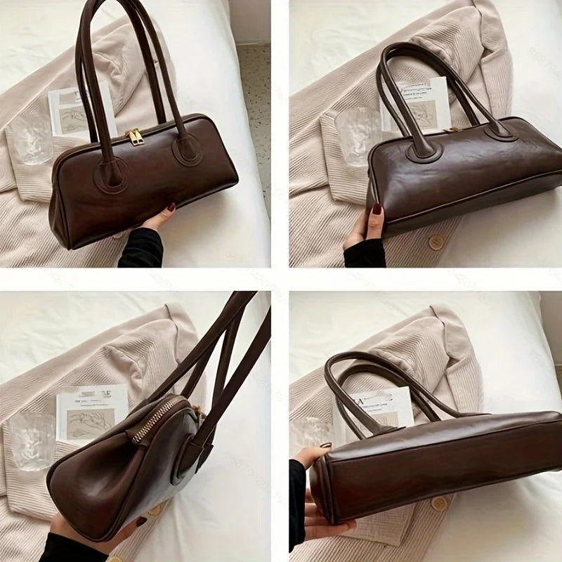 1pc Fashion Faux Leather Shoulder Bag, Elegant Handbag with Stitching Detail, Versatile Top-Handle Purse
