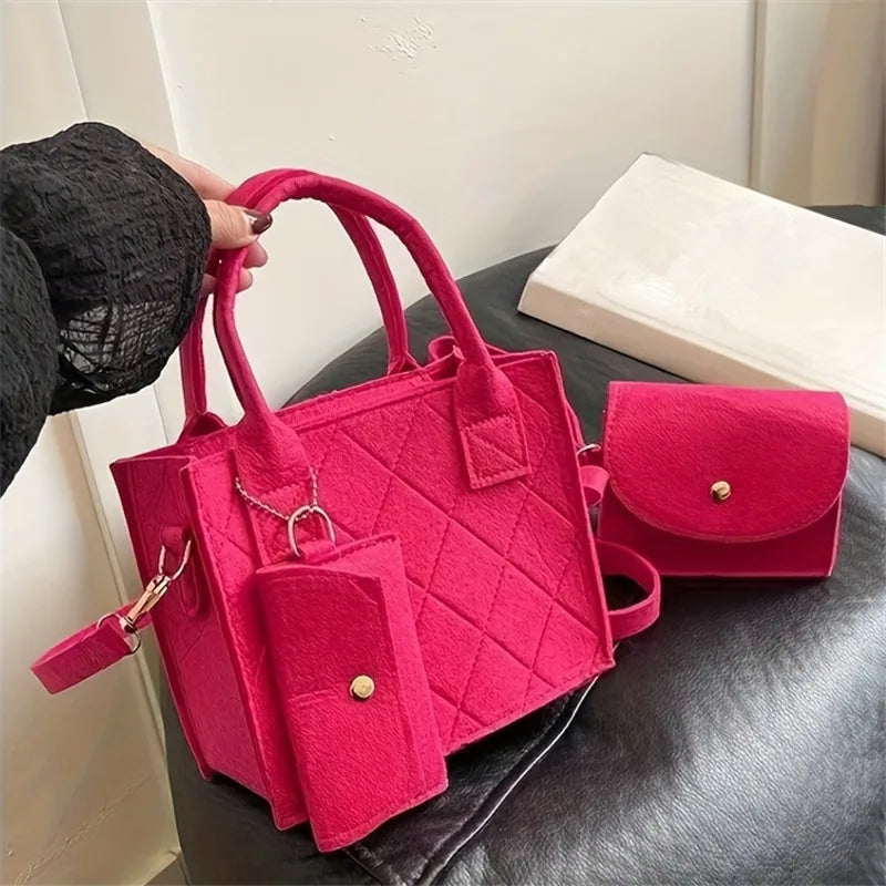 3pcs/set Embossed Women's Handbag Stylish Crossbody Bag Clutch and Wallet, Solid Color Square Shoulder Bag, Fabric for Daily Use