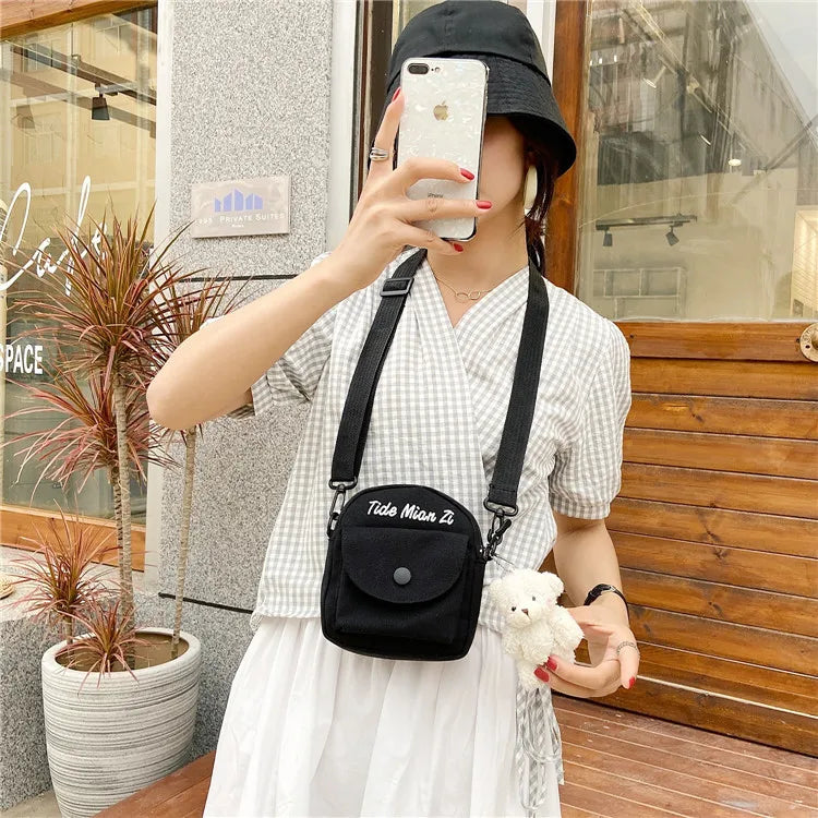 Cartoon Mini Canvas Bag Cute Small Crossbody Bags for Woman Phone Tissue Coin Purse Pocket, Student Shoulder Bag with Pin Bear
