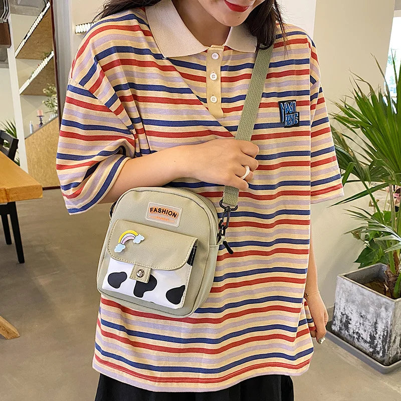 Harajuku Phone Crossbody Bag Nylon Cute Small Bags for Women Cow Pattern Square Small Shoulder Bag Suitable for Women Daily Use