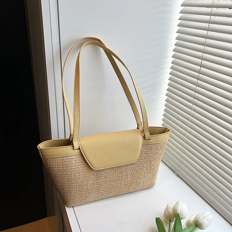 Fashion Women Shoulder Bag PU Woven Patchwork Stick Bag Large Capacity Tote Bag New Casual Woven Contrasting Color Handbag