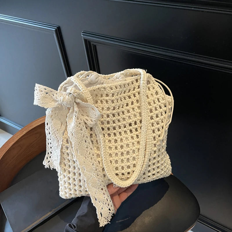 Summer Hollow Woven Shoulder Bags Women's New Casual Beach Bag Versatile Lace Design Commuting Shoulder Tote Bag