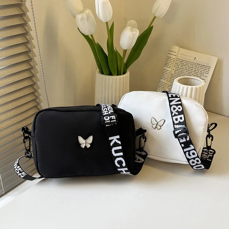 Black&white Shoulder Bag Durable Butterly Nylon Crossbody Bag Wide Belt Crossbody Bag Casual Small Sqaure Bag For Women