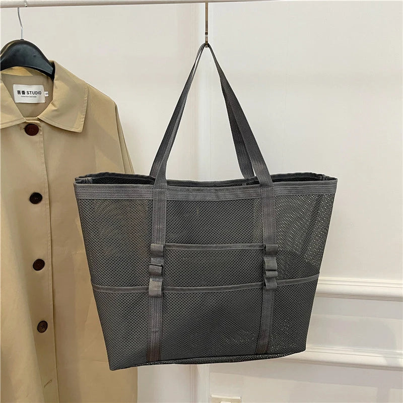 Portable Mesh Beach Bag For Women Makeup Travel Storage Wash Bag Summer Travel Swimming Bath Bag Organizer Shopper Totes