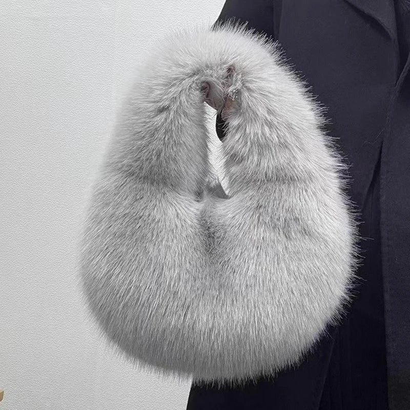 Fashion Soft Plush Half Moon Bags for Women Designer Fluffy Faux Fur Lady Handbags Luxury Small Tote Female Winter Purses